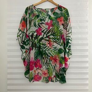 West Loop Womens Tropical Floral Kaftan Swim Cover Up Pink Green One Size